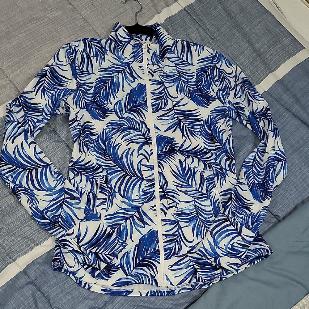Tommy Bahama GOLF Blue Palm Print Zip Jacket Size S | Thumbhole Activewear